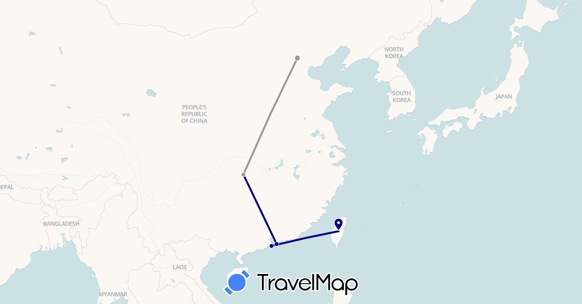 TravelMap itinerary: driving, plane in China, Hong Kong, Macau, Taiwan (Asia)